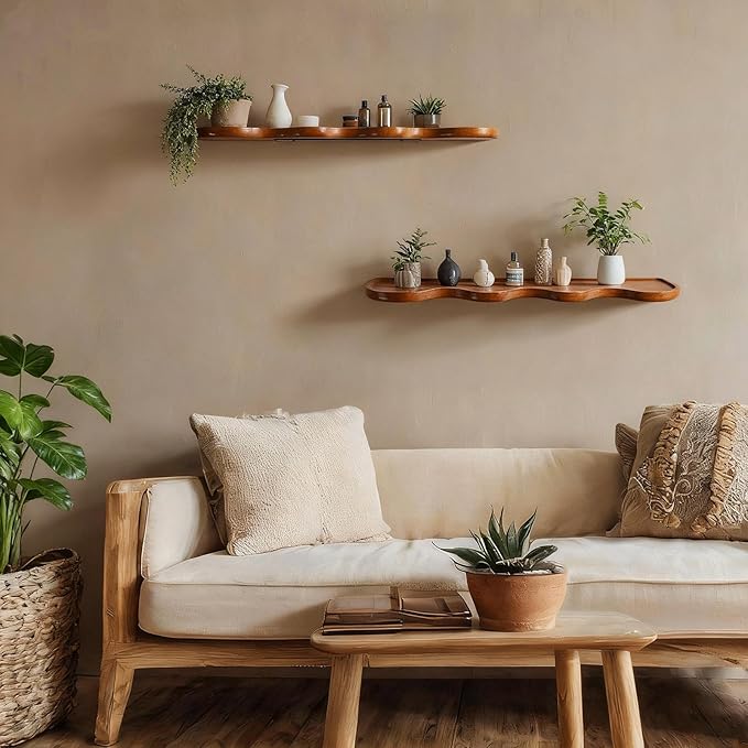 Pinkunn 2 Pcs Walnut Floating Shelves for Wall 24 Inch Wave Live Floating Shelf Wooden Live Edge Shelves Wall Decor for Bathroom Bedroom Living Room Office, Scalloped Mounted Display Hanging Shelf