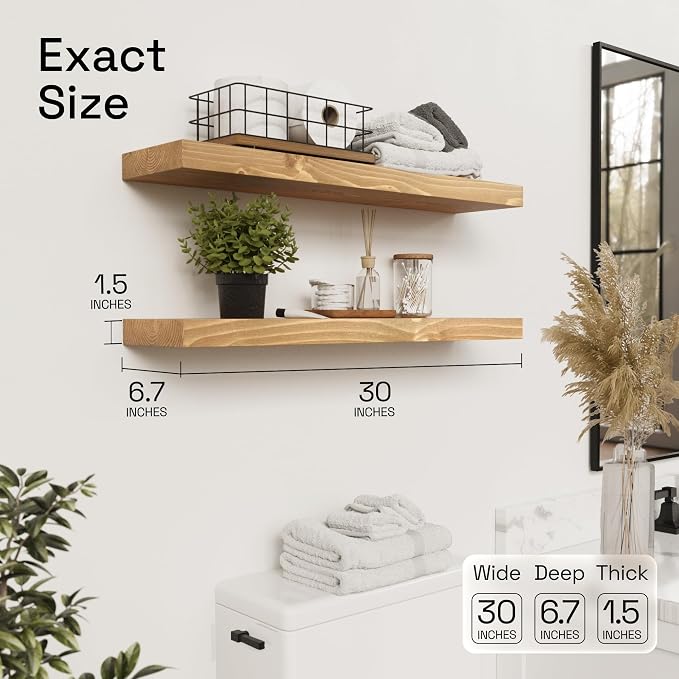 Natural Wood Floating Shelves for Wall 30 Inches Long, Oak Wooden Shelf | Solid Wood, Wall Mounted, Large Bathroom Shelves for Room Wall, Kitchen Bedroom Farmhouse, Oak Finish, 30W × 6.7D, Set of 2