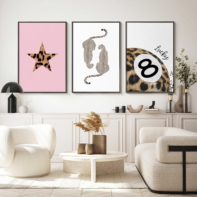 Leopard Wall Art Cheetah Canvas Prints Lucky 8 Ball Wall Decor Fashion Leopard Poster Aesthetic Pictures Trendy Cheetah Painting Preppy Artwork for Living Room Bedroom 16x24 Inch Unframed Set of 3