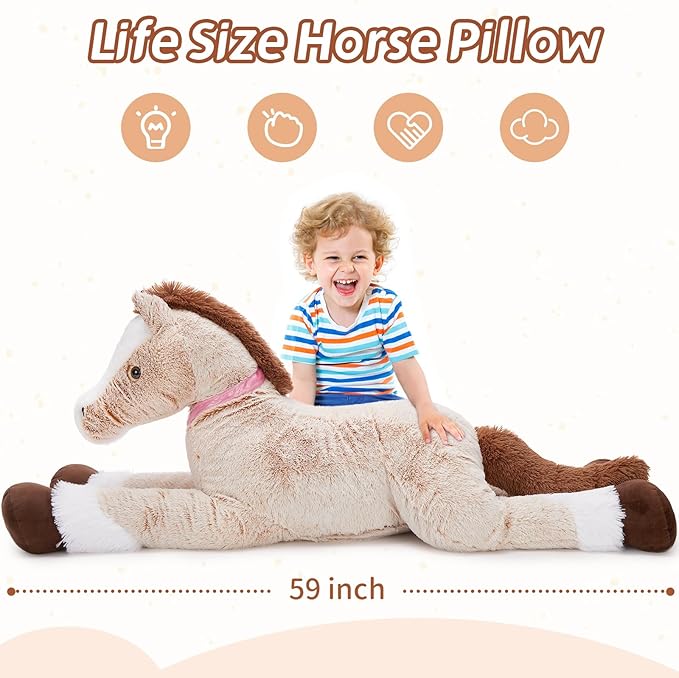 Tezituor 59inches Oversize Horse Stuffed Animal, Riding 5ft Giant Stuffed Piny Farm Plush Toy for Kids, Hugging Lifesize Soft Horse Plush Body Pillow Party Decor for Adult