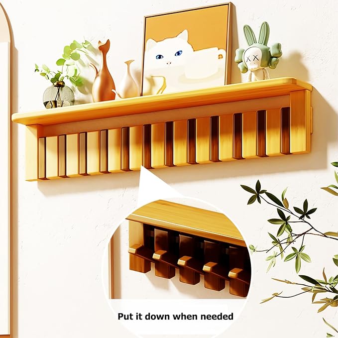 Wall Mounted Coat RackHooks Piano Key Hangers Natural Solid Wood Hanger Non-Woven Fabric Clothes Hangers for Closet, Kitchen, Bedroom, Bathroom, Entryway (Tray Walnut-Beech, 10 Hooks)