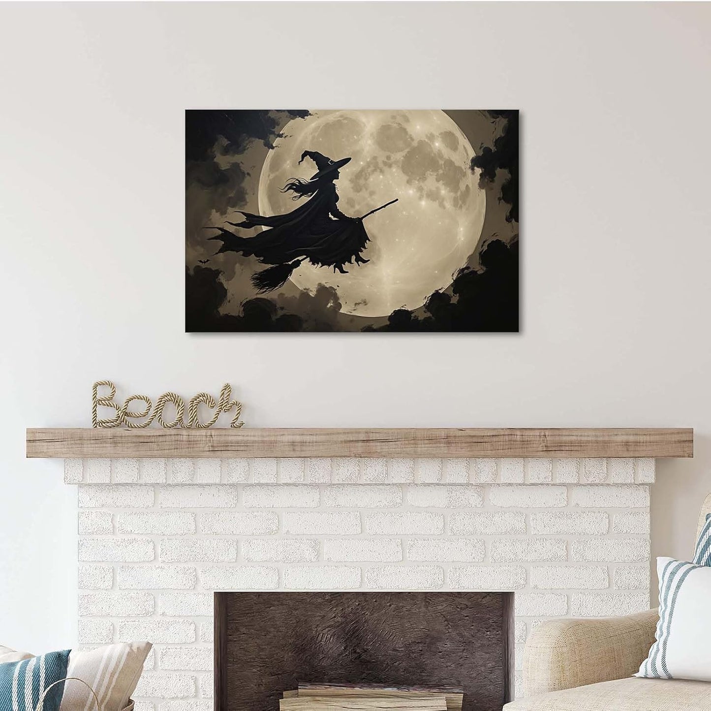 JFHCQJPK Full moon witch silhouette poster witch on magic broom Halloween mural poster decorative mural art suitable for home living room bedroom32x48in Frameless
