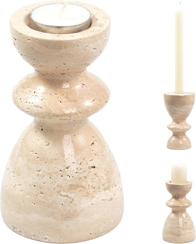 Travertine Marble Candlestick Holders - Stone Candle Sticks Holder Decor, Decorative Modern Candle Stands Multi-Purpose for Taper/Pillar/Tealight/Scented Candles