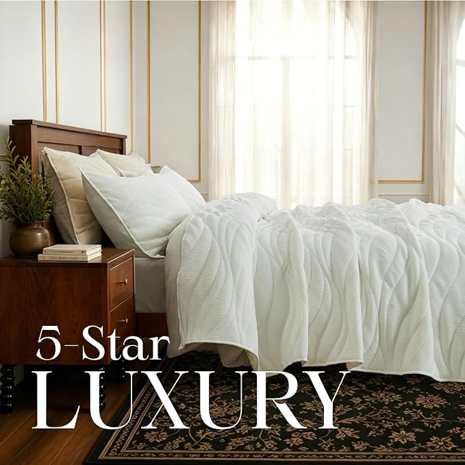 DOWN HOME Crinkle Textured Velvet Quilt Set with Shams, All-Season Luxury Modern Bedding,Easy Care Comforter,Ultra-Soft,Lightweight & Breathable, King, Throne White