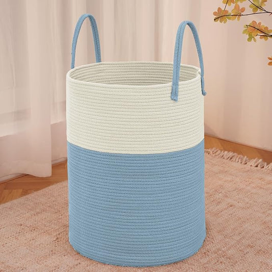 JMvicyroam Large Woven Laundry Basket Hamper,100L Cotton Rope Storage Bin for Blankets,Toys and Clothes,Decorative Tall Nursery Hamper for Living Room,Baby Nursery,Bathroom and Bedroom,White and Blue