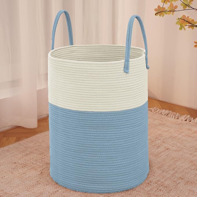 JMvicyroam Large Woven Laundry Basket Hamper,60L Cotton Rope Storage Bin for Blankets,Toys and Clothes,Decorative Tall Nursery Hamper for Living Room,Baby Nursery,Bathroom and Bedroom,White and Blue
