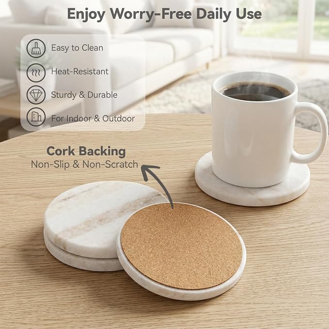 Creamy White Marble Coasters Set of 4 with Holder, Neutral Drink Coasters for Coffee Table, 4" Round Polished White Stone Coaster with Tan Veins – Heat Resistant, Non-Slip, Housewarming Gift