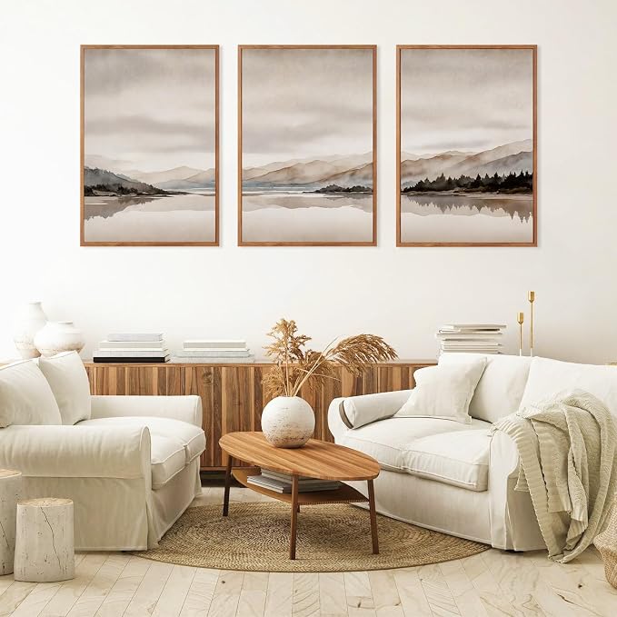 LHIUEM Abstract Mountain Brown Framed Canvas Wall Art,Neutral Watercolor Landscape Wall Decor,Minimalist Grey Beige Lake Artwork for Living Room,Bedroom,Dining Room,Office -16"x24"x3