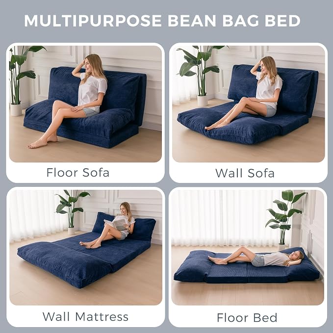MAXYOYO Folding Sofa Bed, Floor Sofa Convertible Chair with Washable Cover, Floor Couch Lounge Bean Bag Chair Bed for Living Room, Navy, 30x91 Inch