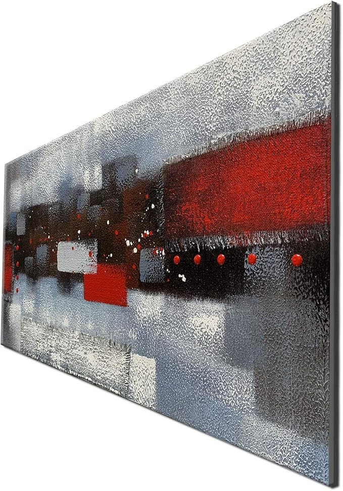 Handmade Abstract Red Gray Oil Painting, Thick Textured Linen Artwork, Modern Decoration Wall Art, Framed Painting Picture 48x24inch
