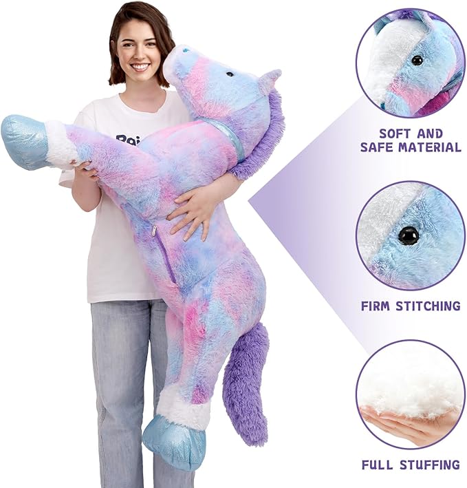Tezituor 35 Inch Big Horse Stuffed Animals Plush Toy, Large Rainbow Stuffed Horse Toys Gift Soft Blue Pony Plush Body Pillow for Boys Girls