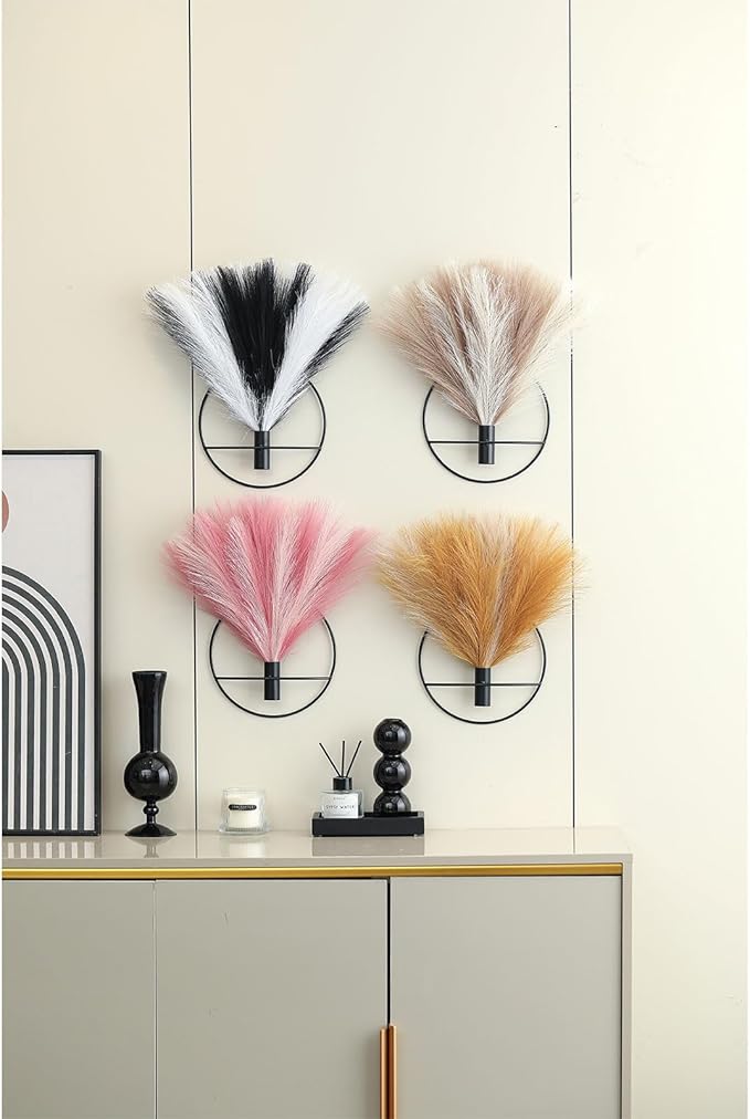 Pretty Jolly Boho Wall Decor - Hanging Artificial Pampas Display for Living Room, Bedroom, Bathroom, Dining Room - Wall-Mounted Metal Plant Art, 2 Pack, Ice Pink, Dark Pink, Black