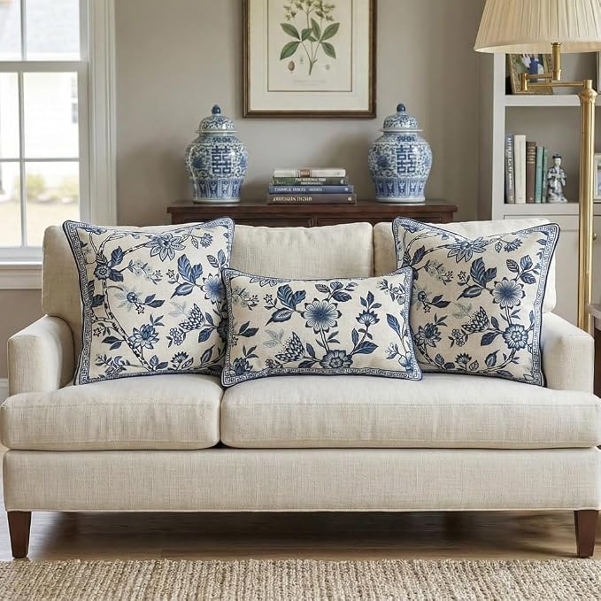 bilin gaier Designer Linen Throw Pillow Covers,18"x18" Set of 2-Suqing A | Vintage Elegant Square Pillow Cover,Concealed Zipper Design,Blue Floral Pattern,Sofas,Bedroom,Living Room,Lounge Chairs