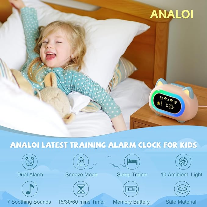 ANALOI Alarm Clock for Kids, Kids Alarm Clocks for Girls with Sleep Training Dual Alarm Eye Protection Auto Off Timer 10 Color Night Light, Cat Ok to Wake Clock, Gifts for Kids Girls