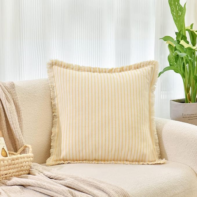 ZWJD Throw Pillow Covers 26x26 Set of 2 Striped Pillow Covers with Fringe Chic Cotton Decorative Pillows Square Cushion Covers for Sofa Couch Bed Living Room Farmhouse Decor, (Yellow)
