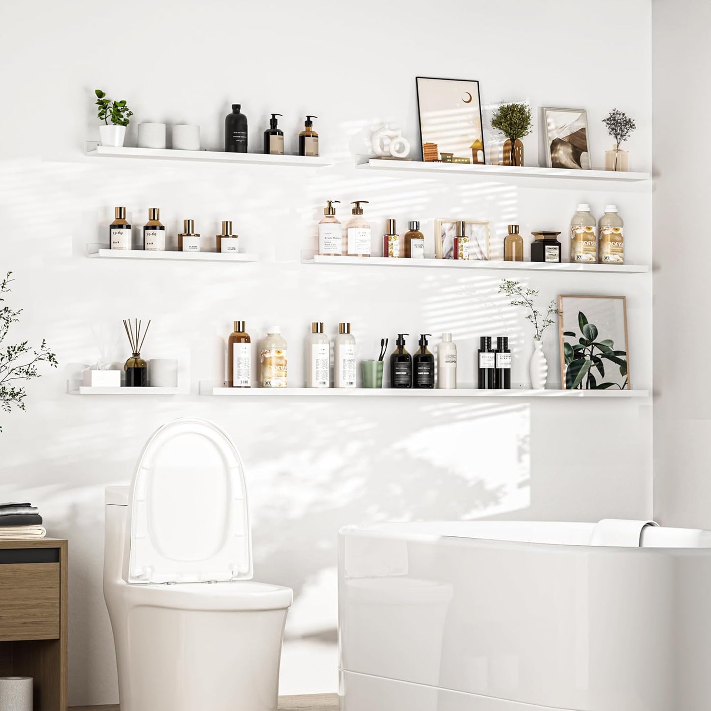 Heimlove Picture Ledge Shelf, Floating Shelves Set of 2, 56 Inches Picture Shelf for Wall with Ledge, Kids Bookshelf Wall Mounted for Living Room Bedroom Decor Books Photo Frames, White