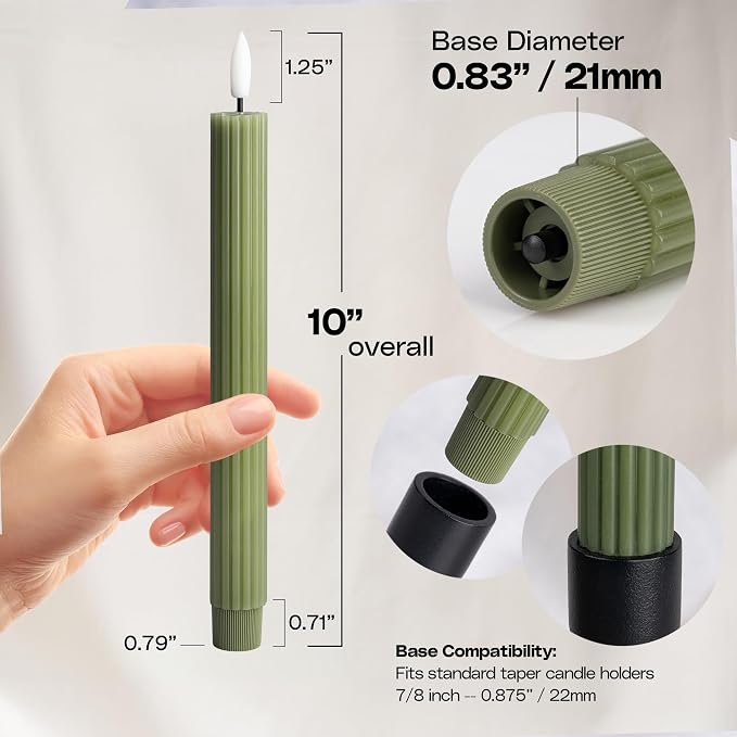 6 Pack, 10" LED Flameless Real Wax Sage Olive Loden Green Fluted Ribbed Grooved Taper Candles, Remote & 24h Timer Memory, On/Off Button, Dimmable, Flicker Mode, Battery Operated, Wedding