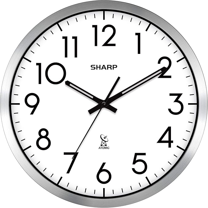 Sharp Atomic Analog Wall Clock - 12" Silver Brushed Finish Sets Automatically- Battery Operated Easy to Read Use: Simple, Style fits Any Decor