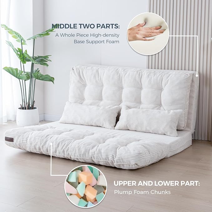 MAXYOYO Folding Sofa Bed, Tufted Bean Bag Bed with Pillows Floor Couch for Adults, Extra Thick and Long Floor Sofa, Full Floor Couch Bed for Bedroom Living Room, Beige, 54x91 Inch