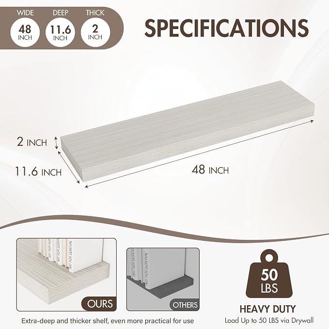 Acovy 48 Inch Floating Shelves, 12" Deep Floating Shelf Wall Mounted, 48" Wall Shelves, Rustic Deep Bookshelf, Extra Deeper & Thicker Display Shelves for Bedroom, Living Room, Gray, Set of 2