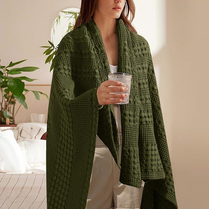 PHF 100% Cotton Waffle Throw Blanket for Couch, Lightweight Breathable and Soft for Summer, Luxury Aesthetic Waffle Weave Blanket for Home Decor & Office, Gifts for Women, 50"x60", Capulet Olive