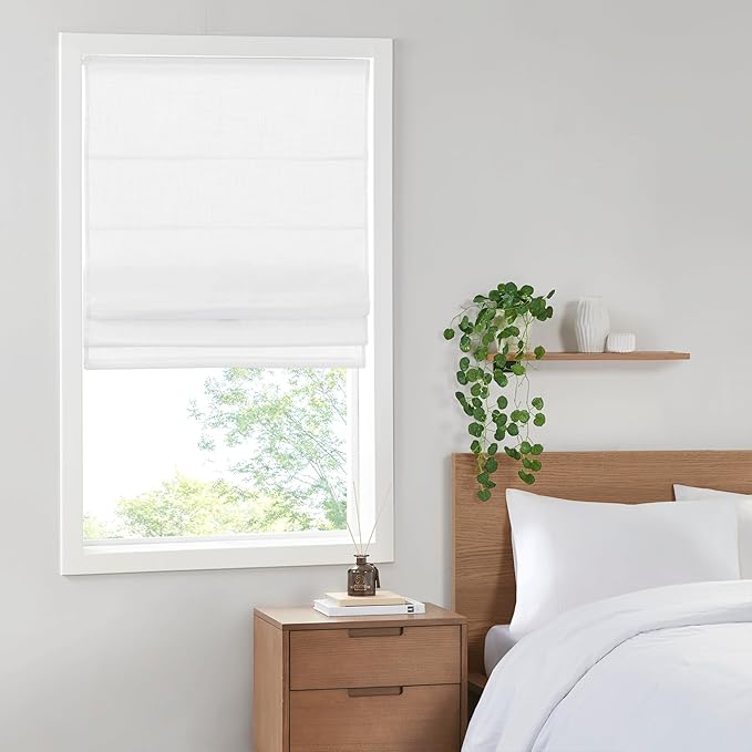 Madison Park Kyler Cordless Roman Shades - Single Panel, Lightweight Linen Blend Fabric, Natural Design, Easy Installation, Light Filtering Window Blind, Bedroom, Living Room Decor 29"W x 64"H White