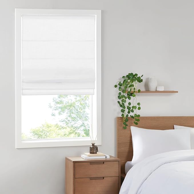 Madison Park Kyler Cordless Roman Shades - Single Panel, Lightweight Linen Blend Fabric, Natural Design, Easy Installation, Light Filtering Window Blind, Bedroom, Living Room Decor 31"W x 64"H White