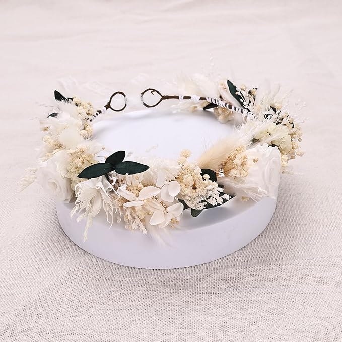 Rustic Preserved Dried Flower Crown with Cream Roses Natural Floral Headband for Young Little Flower Girls Kids Flower Headpiece