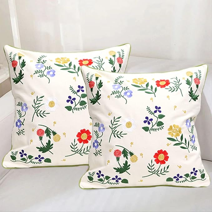 Set of 2 Embroidered Decorative Throw Pillow Covers Couch Square Pillowcases Cushion for Bedroom Sofa Farmhouse Decor 18x18 Inch (Flower-C)