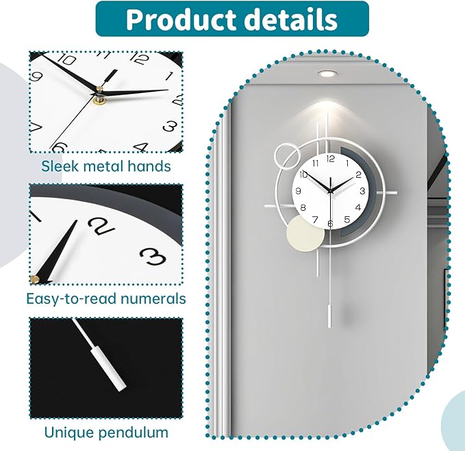Decorative Wall Clock Silent Battery Operated Large Modern Wall Clock for Living Room Decor White Pendulum Clock for Bedroom, Office, Kitchen, Dining Room, Farmhouse, Indoor