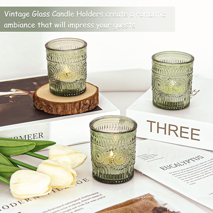 48 Pcs Green Glass Votive Candle Holders, Tealight Candle Holders for Table Centerpieces, Vintage Candle Holder Bulk, Boho Wedding, Home, Bridal Shower, Birthday Party Table Decor (Green)