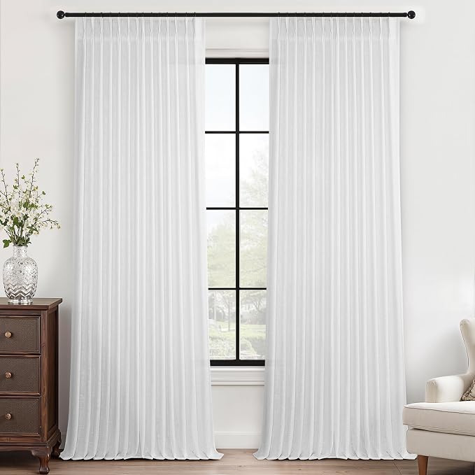 108 Inch Linen Pleated Curtains 2 Panels Set for Bedroom Modern Minimalist Window Panels for Living Room Back Tab Memory Trained Pinch Pleat Drapes Aesthetic Bright White Airy for Dining Room Beige