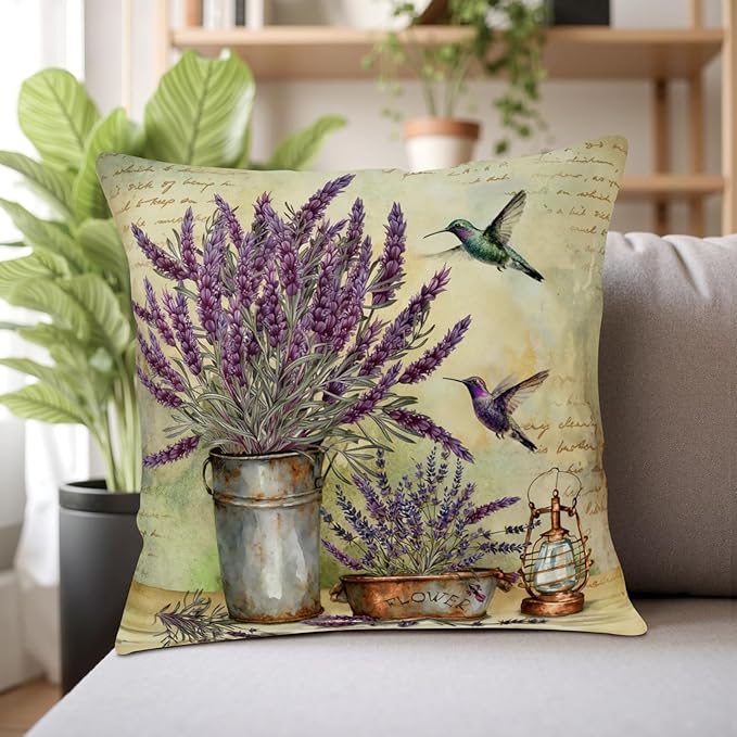 Lavender Pillow Covers Purple Flower Rustic Pillow Covers 22x22 Set of 2 Lavender Hummingbird Pillow Case Spring Vintage Cotton Linen Cushion Case for Garden Farmhouse Patio