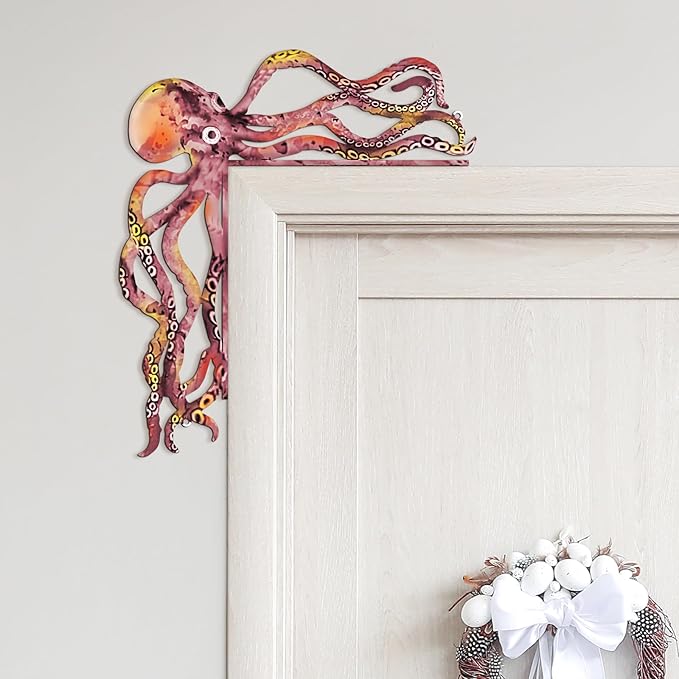 FairySandy Metal Door Frame Decoration 11.81 x 10.43 Inches Octopus Themed Home Decor for Indoor Outdoor Door Window Home Office(Pink Orange)