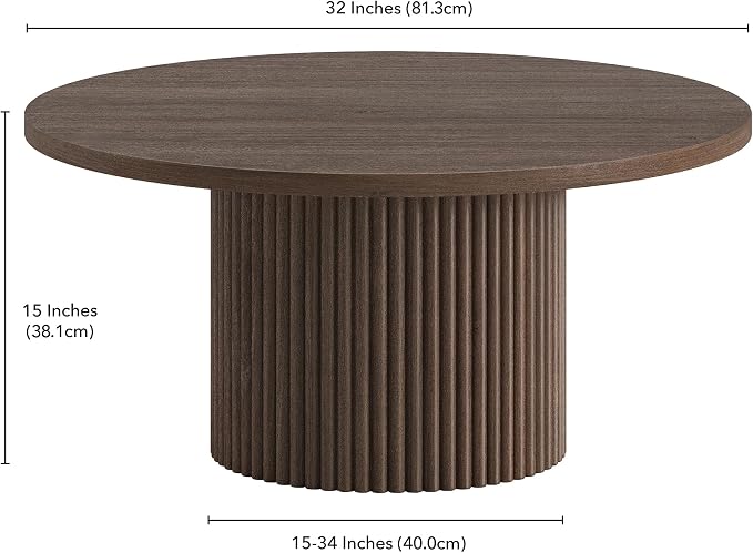 Henn&Hart 32" Fluted Round Pedestal Low-Profile Coffee Table for Living Room, Family Room, Office, or Apartment, Heritage Oak