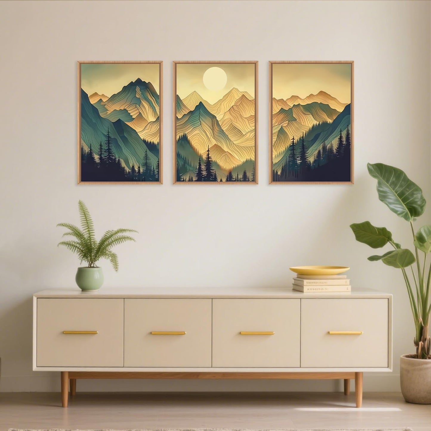 Celestdeco Mountains Forests Framed Canvas Wall Art Set, Abstract Sun Woodland Painting, Boho Scenery Sun Wall Decor, Natural Woodgrain Art Print for Living Room, Bedroom, Dining Room, Office - 16"x24"x3