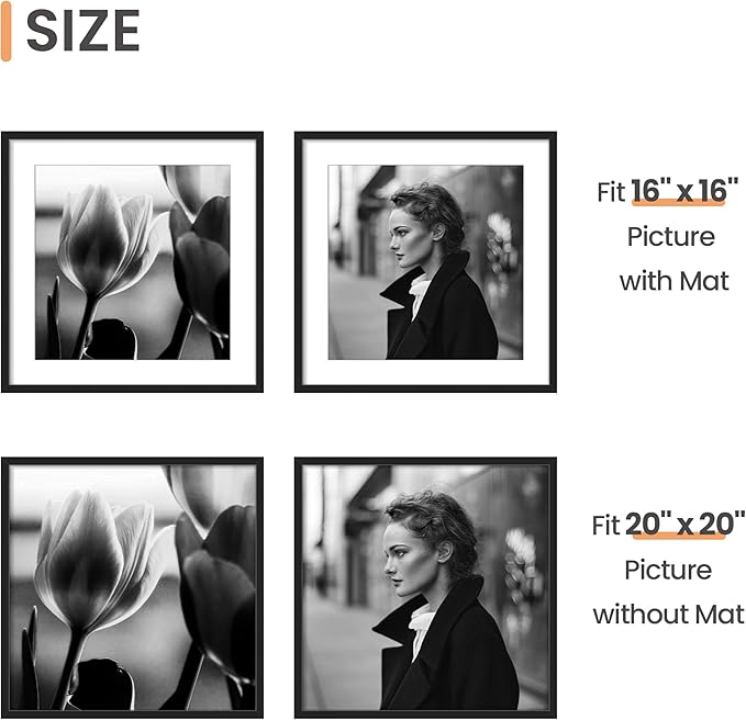 upsimples 20x20 Picture Frame, Display Pictures 16x16 with Mat or 20 x 20 Without, Wall Hanging Puzzle Frames, Black, 1 Pack