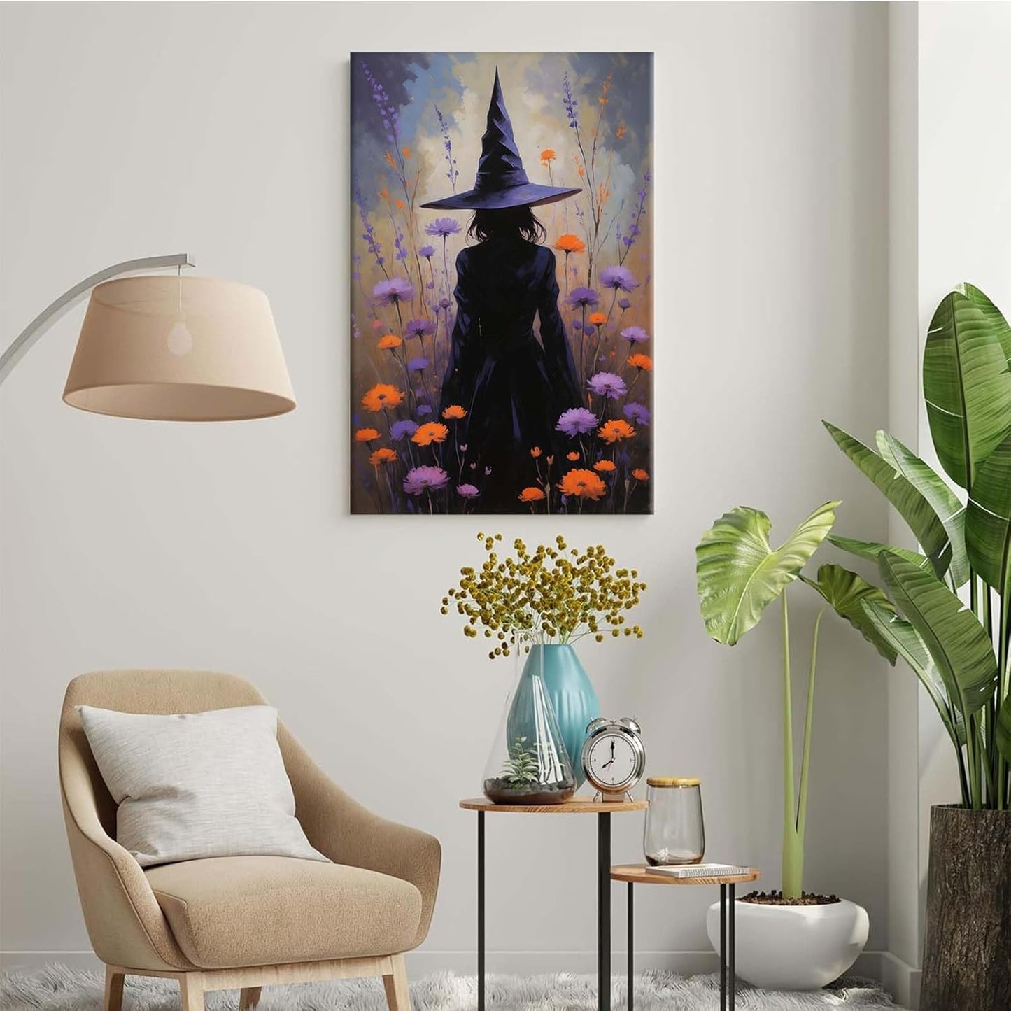 Country wildflower witch canvas print halloween mashup art witch purple decoration bohemian elegant art poster24x36in Wood Framed