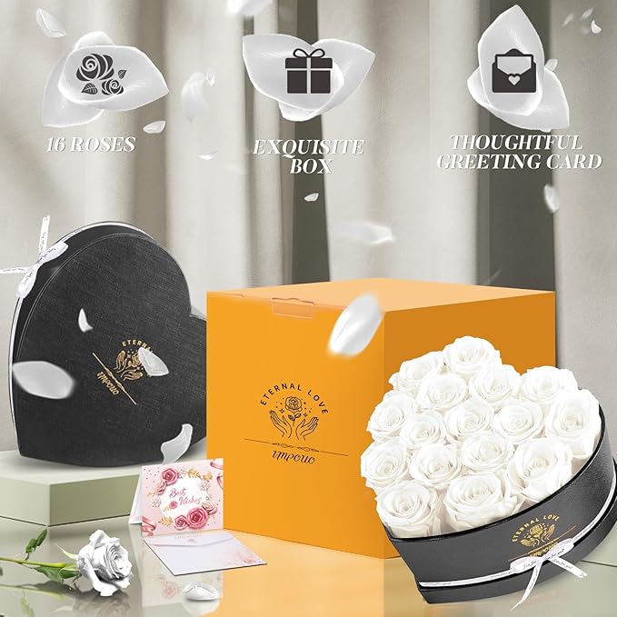 Impouo 16-Piece Forever Flowers Heart Shape Box - Preserved Roses, Birthday Gifts for Women- Flower Delivery Prime, Valentines, Anniversary, Wedding Gifts- White Roses