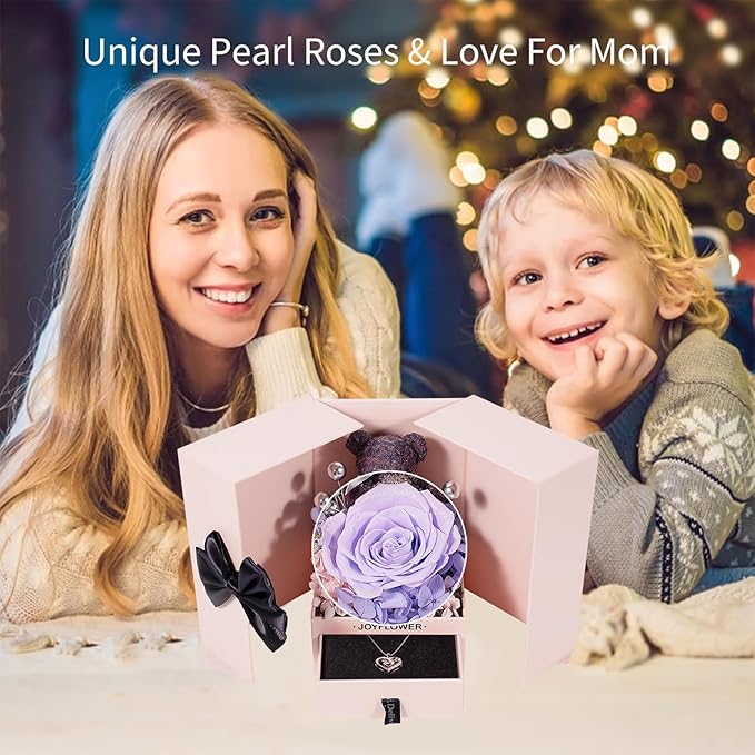 JoyFlower Preserved Flowers with Necklace Gifts for Mom, Unique Pearl Rose Eternal Flower Bear with Necklace Gift for Grandma, Preserved Real Purple Roses Birthday Mother's Day Gift for Mother Grandma