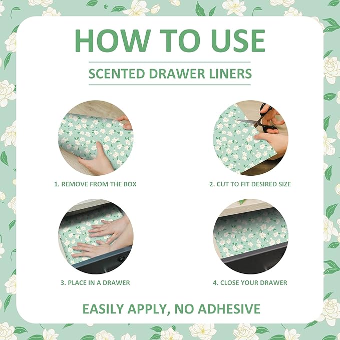 SCENTORINI Jasmine Scented Drawer Liners for Dresser, 6 Sheets Fragrant Drawer Paper Liners Non-Adhesive Paper Sheets for Home Closet, Bedroom Drawers, Kitchen Cabinets Shelf