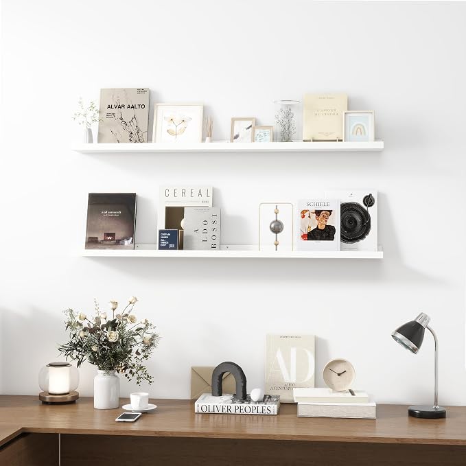 Acovy Picture Ledge Shelf, Wood Floating, Set of 2, 48 inch, White | Wall Mounted, For Living Room Kids' Room Bedroom, Photo Ledge Nursery Book Shelves