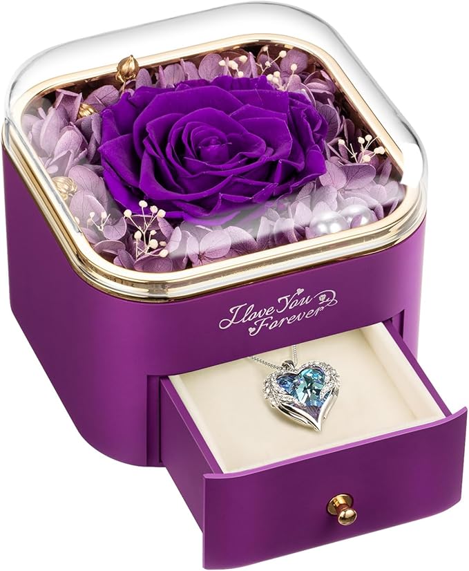 Preserved Real Purple Rose with Angle Wings Necklace, Forever Flowers Gifts for Mom Grandma Wife Girlfriend at Valentines Mothers Day, Anniversary Birthday Gifts for Women, I Love You Gifts for Her