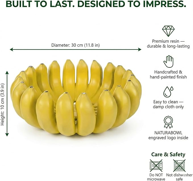 12 inch large Banana fruit bowl holder Handcrafted Art Centerpiece - Modern bowl for Kitchen,Dining Table & Entryway - Home Decor - Premium gifts - Sculptural Home Decor. (Yellow)