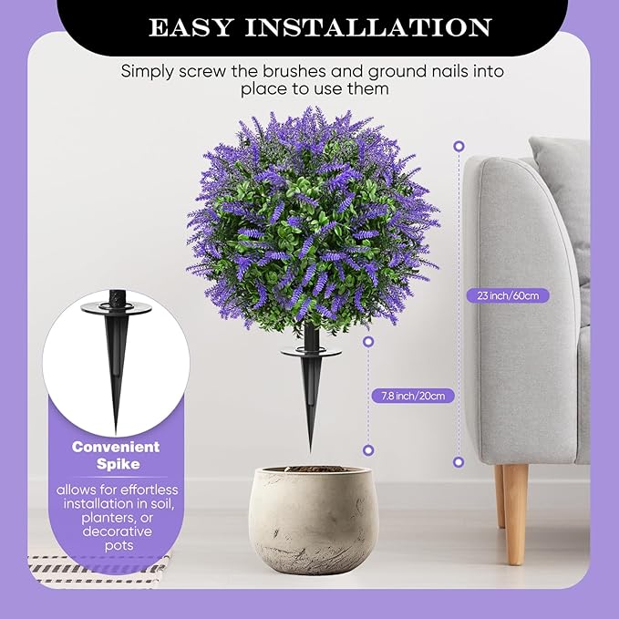 FAJUNZH Artificial Topiary Bushes for Outdoors with Spike, Boxwood Ball Fake Shrubs UV Resistant Faux Plants for Indoor Outdoor Fall Thanksgiving Halloween Decor (Lavender Boxwood Purple-2 Packs)