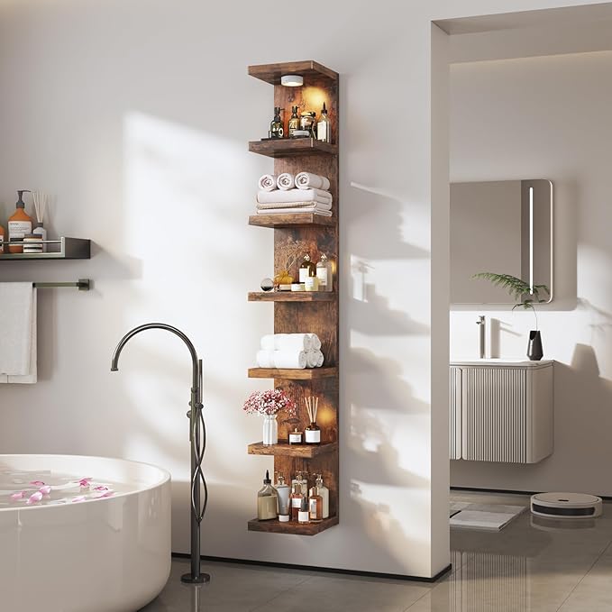 7-Tier Wall Shelf Unit with USB Rechargeable Led Light (Remote Controlled),Versatile Floating Display Shelves,Lack Style Wall Shelves for Bedroom,Living Room,Office Decor,Vanity-Rustic Brown