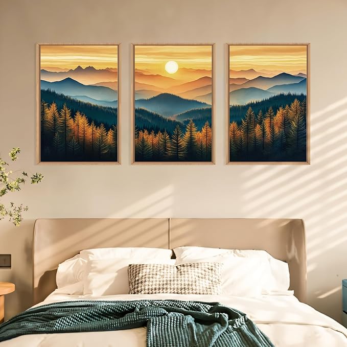 Large Boho Sunrise Mountain Framed Canvas Wall Art,Abstract Nature Forest Wall Decor,Foggy Pine Tree Painting,Retro Landscape Artwork for Living Room,Bedroom,Dining Room,Office -24"x36"x3