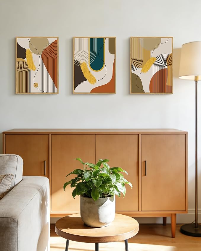 PHOPAGO Boho Abstract Framed Wall Art Mid-Century Modern Bohemain Minimalist Luxury Gold Line Artwork Kitchen Dining Room Decor - 11x14in Natural Framed