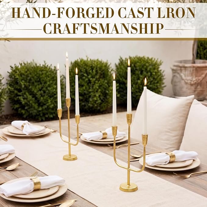 2 Pcs 16 Inch 3 Arm Metal Candelabra Cast Iron Taper Candelabra Vintage Tall Candle Holder Decorative Candlestick Holder for Wedding Antique Table Centerpiece & Mantel Decor (Gold)