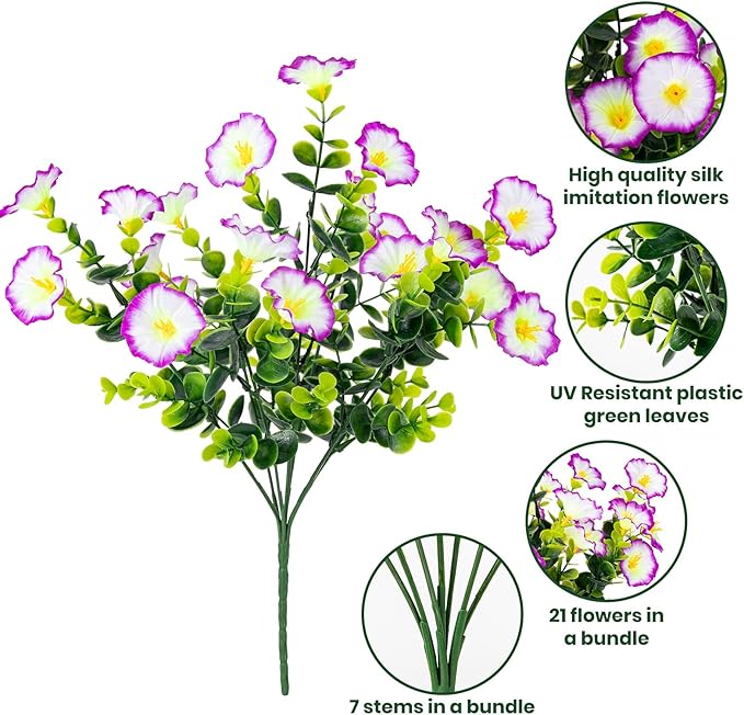 Nigirior Artificial Faux Flowers for Outdoor 16 Bundles Boxwood Fake Morning Glory for Planter,UV Resistant Fake Flowers for Home Porch Patio Outside（Purple/White）